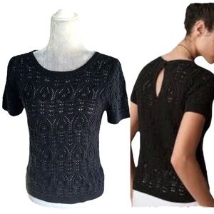 Anthropologie Black Crochet Stitched Short Sleeve Cutout Sweater Tee - S